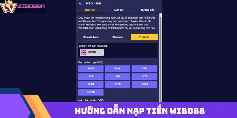hướng dẫn nạp tiền Wibo88